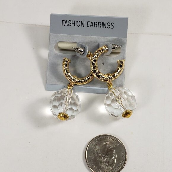 Gold-Tone Textured Hoop Earrings w/ Clear Crystal Drop – Bold Statement Jewelry - Picture 6 of 8